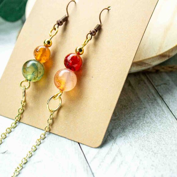 Multicolor Agate - Gold - Dangle Earrings - Picture 2 of 12